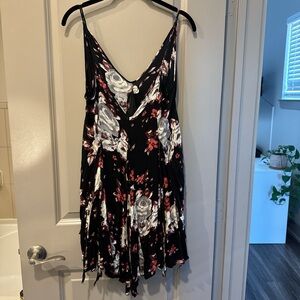 Free People Black Mini Dress with White and Red Floral Print